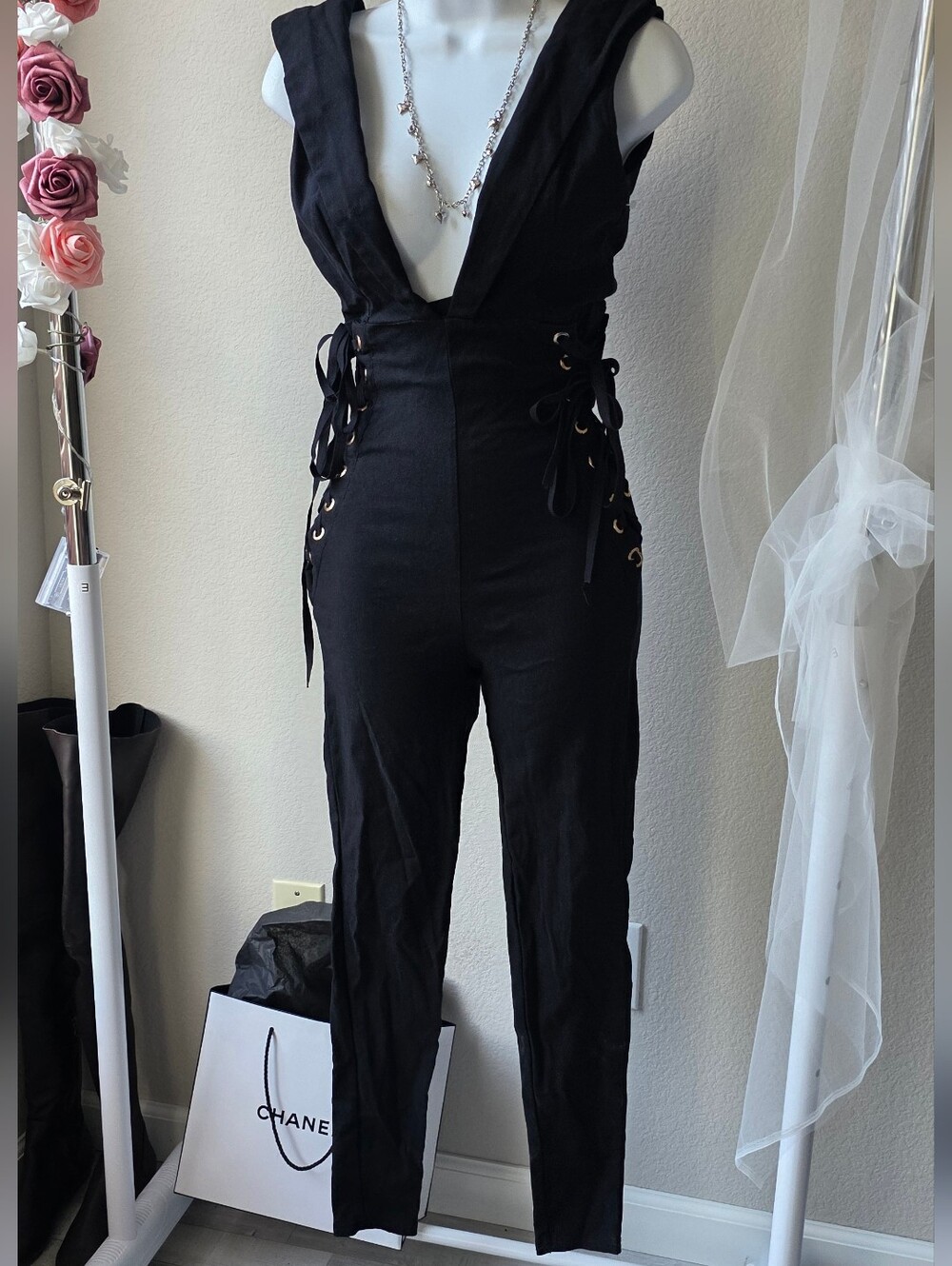 Hot & Delicious Black Lace-Up Deep V Jumpsuit